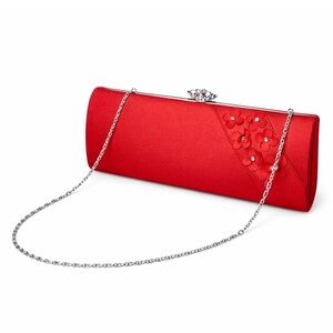 Red Satin Evening Clutch Bag Floral Rhinestone Womens Formal Handbag Chain Strap